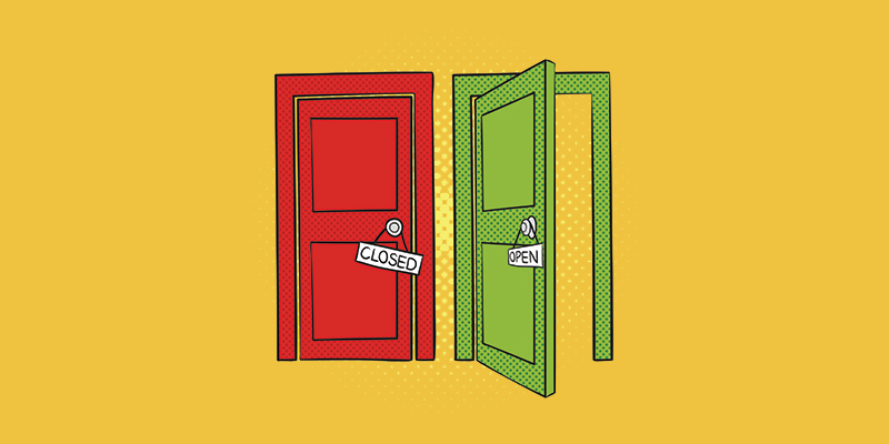 Drawing of two doors, one is open and one is closed