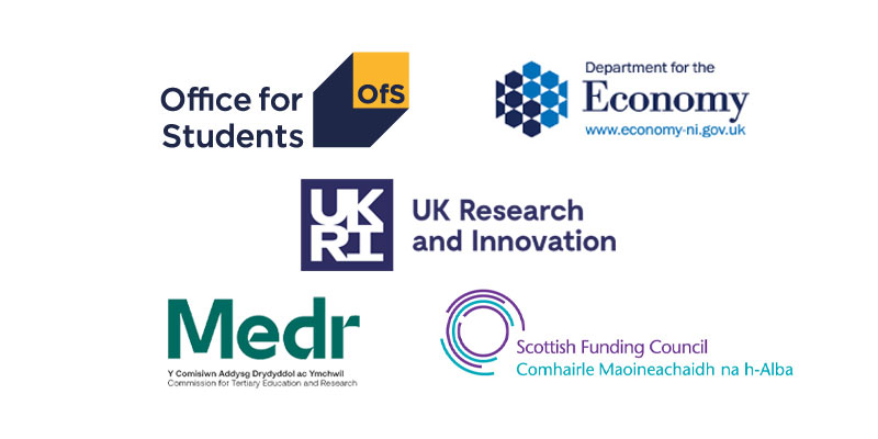 Logos of Office for Students, The Scottish Funding Council, UK Research and Innovation (UKRI), Medr (the Commission for Tertiary Education and Research in Wales) and the Department for the Economy Northern Ireland