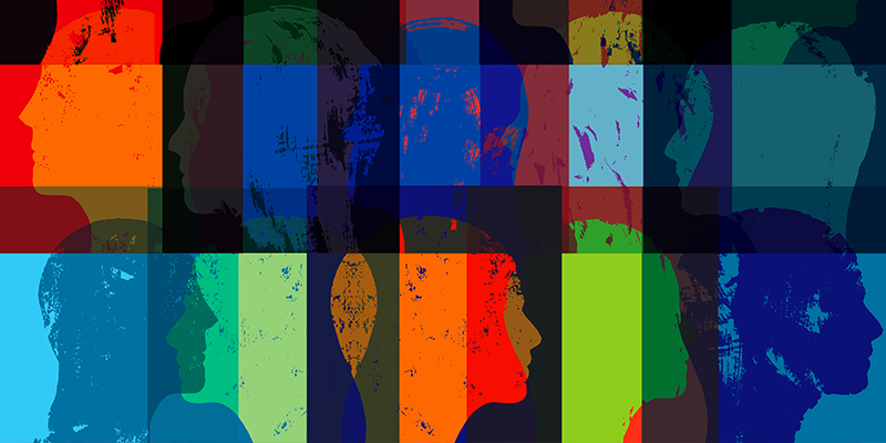 Abstract image of faces in silhouette in different bold colours