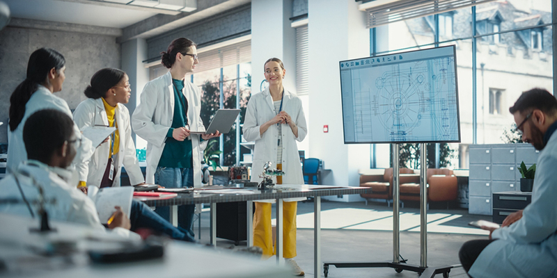 Higher education students in an engineering facility